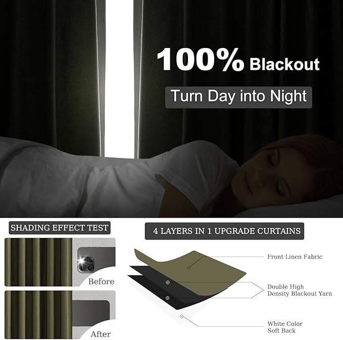 Topfinel Olive Green 102 Inches Long Custom Blackout Linen Curtains, Pinch Pleated Noise Cancelling Curtains with Pin Hooks for Traverse Rods, Viral Drapes 2 Panels for Living Room Master Bedroom