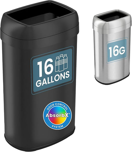 iTouchless 16 Gallon / 61 Liter Open Top Kitchen Trash Can & Recycle Bin, Matte Black Stainless Steel Commercial Grade Garbage Bin with Dual Odor Filters for Office, Garage, Restaurant, and Home