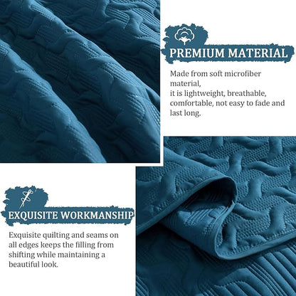 Yiran Teal Blue Quilt Set Queen Size Lightweight Bedspread Ultrasonic Wave Pattern Soft Microfiber Coverlet for All Season Modern Style 3 Piece Bed Cover Sets with 2 Pillow Shams (96"x90")