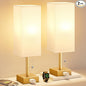 Gold Bedside Table Lamps for Bedroom - Small Nightstand Lamp Set of 2 with AC Outlet Charging Port, 3 Color Temperatures Rectangular Desk Light, Tabletop Reading Lamp for Living Room/Dorm/Office