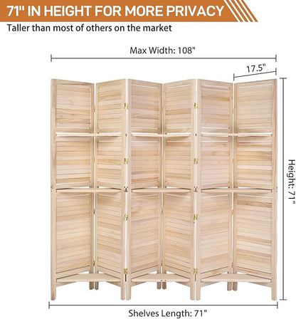 Bonnlo 6 Panels Wood Room Divider with Shelves, 6 FT Height Folding Privacy Screens, Indoor Freestanding Room Partition Wall Divider, Hinged Space Separator (Natural, 6 Panel)