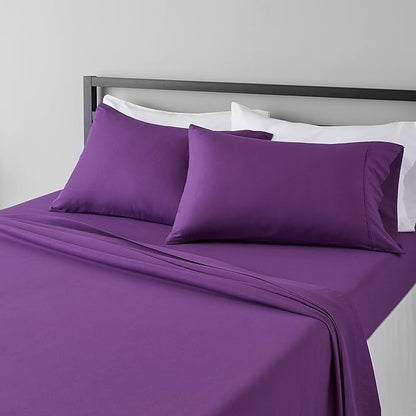 Amazon Basics Lightweight Super Soft Easy Care Wrinkle Free Breathable Microfiber 4-Piece Bed Sheet Set with 14-Inch Deep Pockets, King, Plum, Solid