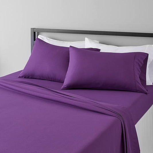 Amazon Basics Lightweight Super Soft Easy Care Microfiber 4 Piece Bed Sheets Set with 14-Inch Deep Pockets, Full, Plum, Solid