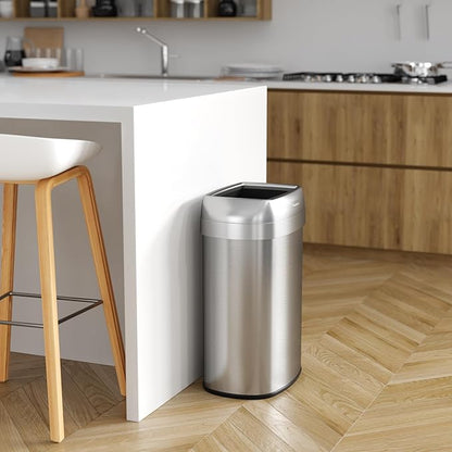 iTouchless 13 Gallon / 50L Open Top Trash Can, Oval Stainless Steel with Double AbsorbX Odor Filters – Fingerprint-Resistant Modern Kitchen and Office Waste Bin for Hassle-Free Disposal