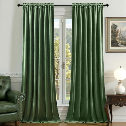 AUSSPVOCT Olive Green Velvet Curtains 96 Inches for Bedroom, Thermal Insulated Soft Room Darkening Curtains Luxury Window Drapes for Living Room Nursery, Back Tab Rod Pocket, W52 x L96, 2 Panels