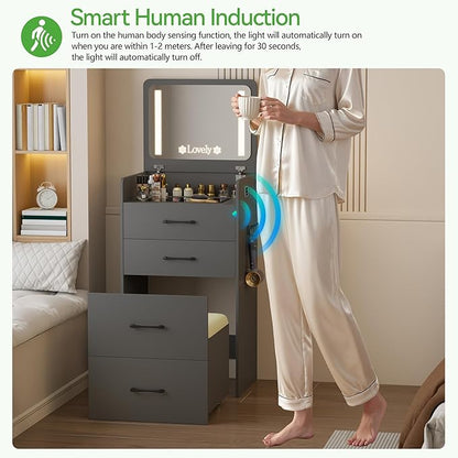 HNEBC 3 in 1 Vanity Desk with Plip Top LED Mirror,Small Dressing Table Set with Visible Glass Desktop,Compact Vanity with 3 Drawers,Storage Compartment and Padded Stool,for Bedroom(Grey)