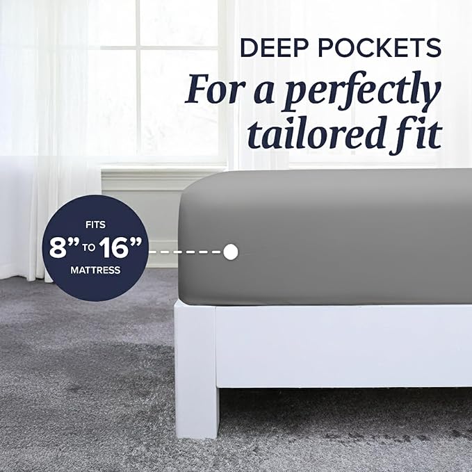 Beckham Hotel Collection Full Sheet Set 100% Cotton, 500TC Luxury Sateen Bedding, 16” Deep Pocket, Moisture-Wicking, 4-Piece, Dark Gray