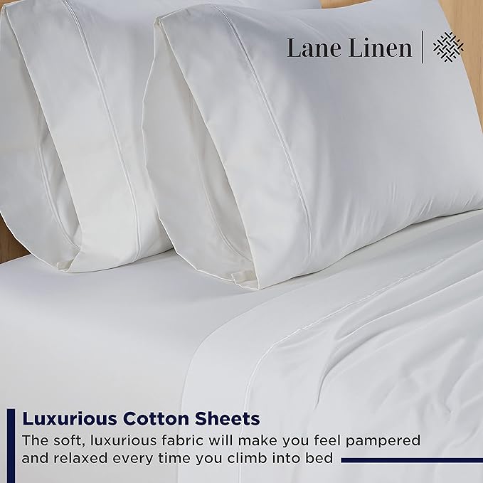 LANE LINEN 600 Thread Count 100% Cotton White Twin XL Sheets Set, Soft & Comfy Bedding Set Perfect for Hospital Beds, Mercerized Cotton, Fully Elasticized Silky Soft Cotton White Sheets Twin XL