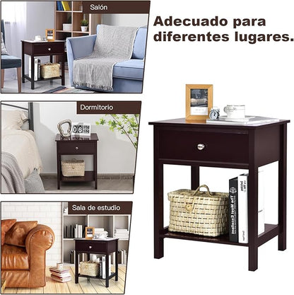 Giantex Nightstand, Wood End Table with Drawer and Open Shelf, Night Stand for Small Spaces, 2-Tier Bedside Table for Living Room Bedroom Dorm, Easy Assembly, Brown