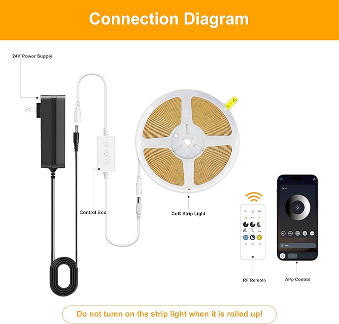 COB LED Strip Lights Warm White,24V Dimmable led Light Strip KIT with Remote and app Control,2700K 9.84FT/3m 8mm Wide Ra>90 Cuttable Flexible Strip Lights for Bedroom,Wardrobe,Cabinet