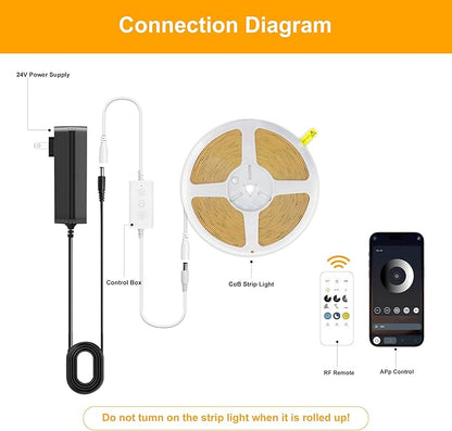 COB LED Strip Lights Warm White,24V Dimmable led Light Strip KIT with Remote and app Control,3000K 25FT/7.5m 8mm Wide Ra>90 Cuttable Flexible Strip Lights for Bedroom,Wardrobe,Cabinet
