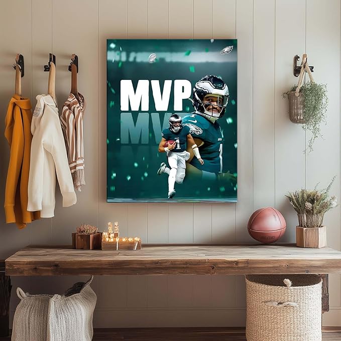 B.B.F MAKE 2025 Super Canvas Bowl Wall Art Champions MVP Hurts Canvas Wall Decor Eagles Poster Print Philadelphia Sports Star Picture Gift Modern Bedroom Living Room Home Decoration, Framed 16x20inch