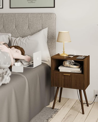 Nightstand with Outlet,Modern Bedside Table with Storage Drawer and Open Wood Shelf, for Living Room, Bedroom and Small Spaces, Accent Night Stand with Solid Wood Legs, Easy Assembly,Brown
