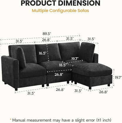 89'' 3-Seater Modular Sectional Cloud Sofa with Ottoman, L-Shaped Couch for Living Room, Modern Convertible Deep Seats Sofa, Chenille Dark Grey