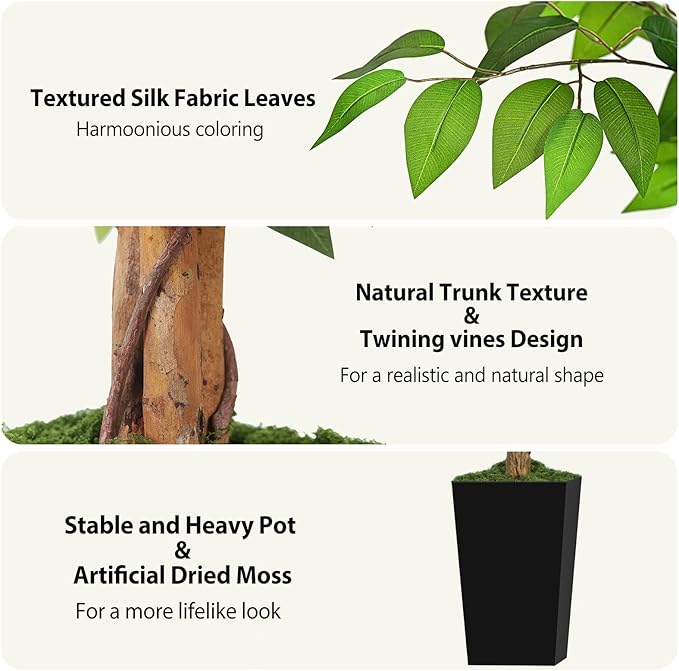 7ft Ficus Artificial Tree with 3 Natural Curved Trunks, 84" Tall Lush Faux Tree for Home Decor Indoor, Green Lifelike Fake Ficus Tree with Black Planter Pot