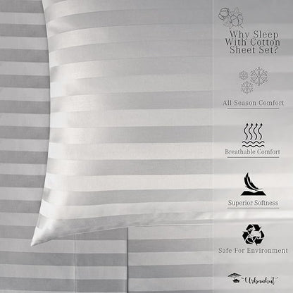 URBANHUT 800 Thread Count 100% Cotton Damask King Size Sheets, 4 Piece Striped King Size Bedsheets, Luxury Hotel Sheets Sateen Weave - Better Than Egyptian, 16" Elasticized Deep Pocket- Silver Grey