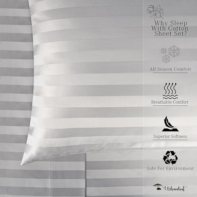 URBANHUT 800 Thread Count 100% Cotton Damask Queen Size Sheets, 4 Piece Striped Queen Size Bedsheets, Luxury Hotel Sheets Sateen Weave - Better Than Egyptian, 16" Elasticized Deep Pocket- Silver Grey