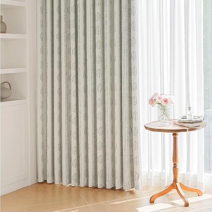 100% Boho Blackout Curtains 63 Inches Long for Bedroom, Grey on Beige Patterned Bohemian Curtains for Living Room, Geometric Striped Thermal Insulated Window Drapes Gromment Top 2 Panels