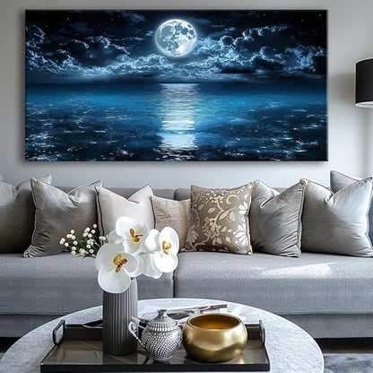 Huaaliunn Big Moon Canvas Wall Art - Modern Seascape Paintings for Living Room, Bedroom Wall Decor, Large Wall Art for Home or Office Decoration 75x150cm(30x60in)