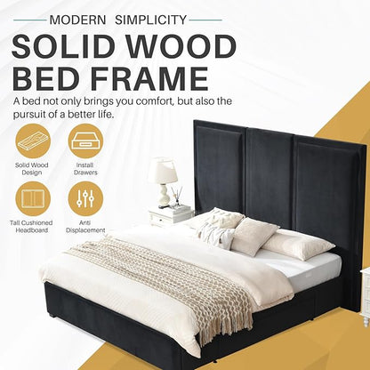 YUHUASHI King Size Bed Frame with 64-inch High Headboard, Simple and Airy Linen Upholstered Platform Bed with Storage Drawers, Wood Slat, No Noise (Ink Blue, King)