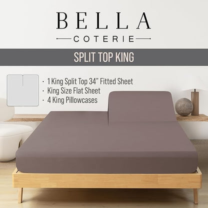 Bella Coterie 6 Piece Luxury Bamboo Viscose Split Top King Size Sheet Set | 34" Split for Adjustable Beds | 100% Organically Grown| Cooling | 18” Deep Pocket | 4 Pillowcases [Mocha]