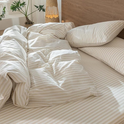 MooMee Striped Duvet Cover Set 100% Washed Cotton Linen Like Textured Breathable Durable Soft Comfy (Almond Milk Grey Classic Stripes, Alaska King 132"x120")