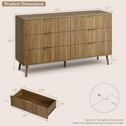 CARPETNAL Fluted 6 Drawer Dresser for Bedroom, 55" Wide Wooden Chest of Drawers with Rounded Corners, Gold Handles, Modern Storage Organizer for Bedroom, Hallway(Walnut)