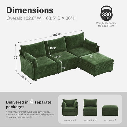 ABCASA 102.6" Modular Sectional Sofa, L Shaped Couch Set for Living Room, 3-Seater Comfy Cloud Couches with Movable Storage Ottoman,DIY Combination - Chenille Green
