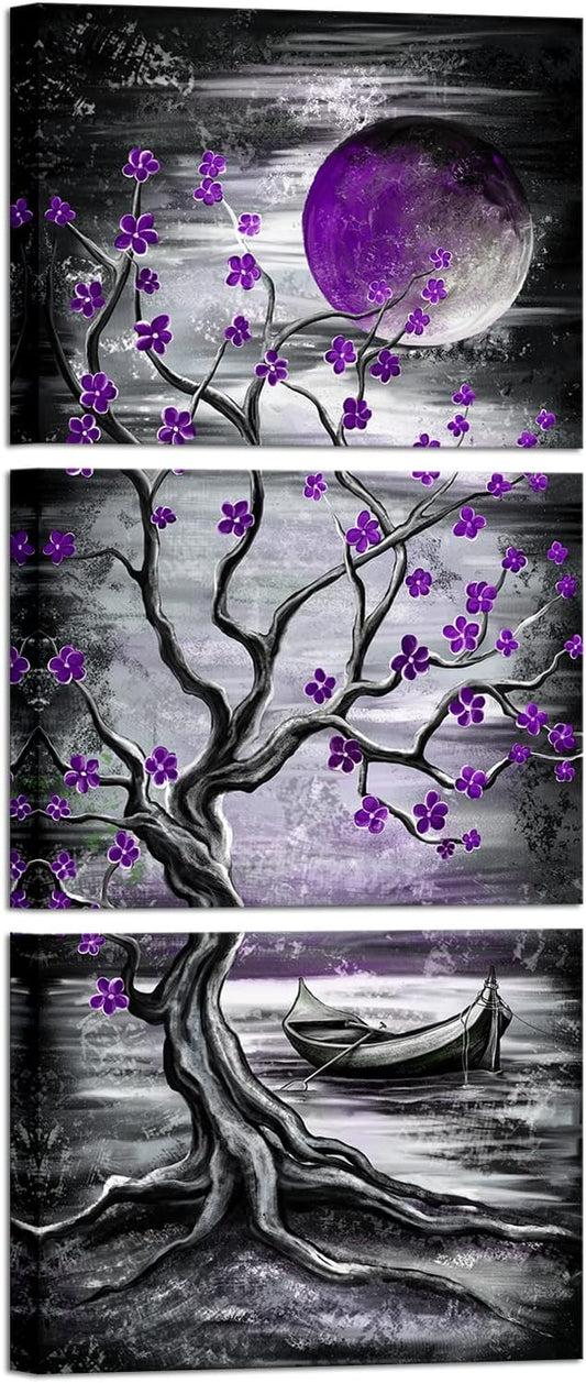 KREATIVE ARTS 3 Piece Full Moon Tree Canvas Wall Art Modern Abstract Black and White Tree Landscape Painting Prints for Bedroom Bathroom Decor Gallery Wrapped Artwork Ready to Hang (Purple)
