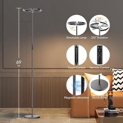 Gunmetal Gray LED Floor Lamp - Rotatable Standing Lamp for Living Room Bedroom, 22W Dimmable Floor Readig Light with Touch/Remote Control, Modern Corner Lamp for Office, Brightness Adjustable