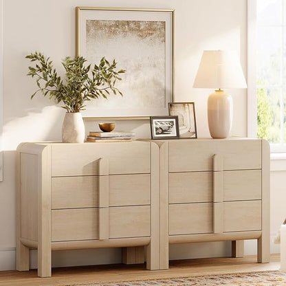 WAMPAT 6 Drawer Dresser for Bedroom, 2 in 1 63" Wide Mid Century Modern Wide Chest of Drawer, Wood Tall Nightstand with Curved Edge Handles, Closet Dresser TV Stand for Bedroom, Beige