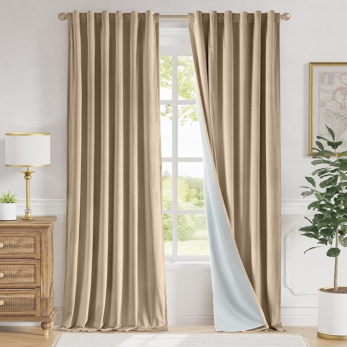Lazzzy Cream Blackout Velvet Curtains 96 Inches Long Thermal Insulated Room Darkening Curtain Drapes Luxury Back Tab Window Treatments for Bedroom Living Room 2 Panels, 52 x 96 Inch, Latte