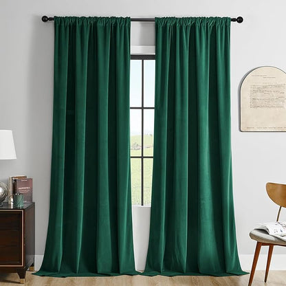 Joydeco Dark Green Velvet Curtains 63 inch Length 2 Panels Burg Set, Luxury Rod Pocket Thermal Insulated Window Blackout Curtain, Room Darkening Drapes for Living Dining Room Bedroom Privacy