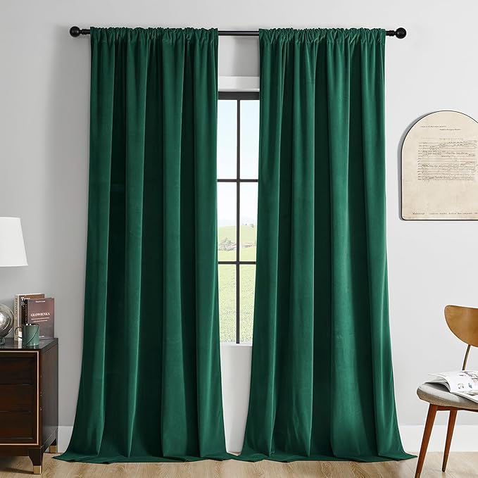 Joydeco Dark Green Velvet Curtains 90 inch Length 2 Panels Burg Set, Luxury Rod Pocket Thermal Insulated Window Blackout Curtain, Room Darkening Drapes for Living Dining Room Bedroom Privacy