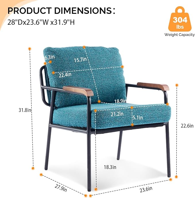 VINGLI Mid-Century Modern Accent Armchiars Set of 2 for Small Space, Small Comfy Upholstered Leisure Reading Chairs with Wood Armrests for Bedroom, Living Room, Waiting Room, Linen Teal