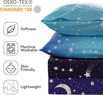 JSD Gradient Blue Moon Stars Kids Sheet Set Full Size, 4 Piece Space Theme Microfiber Sheets Deep Pocket