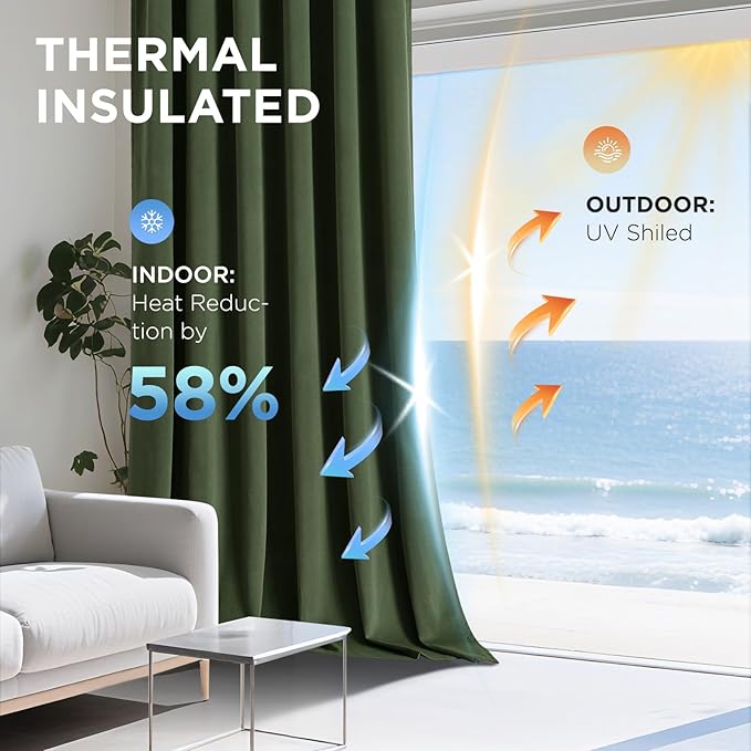 Joydeco Olive Green 100% Blackout Curtains 90 Inch 2 Panels, Luxury Thermal Green Velvet Curtains for Bedroom Living Room, Soundproof Blackout Window Drapes, Rod Pocket & Back Tab (52W x 90L)