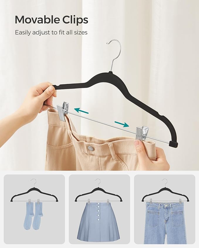 SONGMICS 30 Pack Pants Hangers, 16.7 Inches Long Velvet Trousers Hangers with Adjustable Clips, Heavy-Duty, Non-Slip, Space-Saving for Pants, Skirts, Coats, Dresses, Tank Tops, Black UCRF12B30