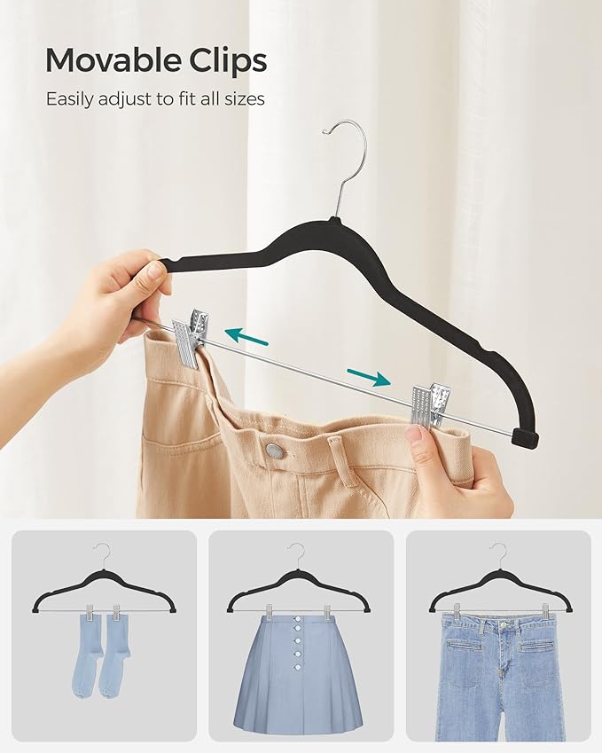 SONGMICS 20-Pack Pants Hangers, 16.7-Inch Long Velvet Hangers with Adjustable Clips, Heavy-Duty, Non-Slip Skirt Hangers, Space-Saving for Pants, Skirts, Coats, Dresses, Black UCRF012B20