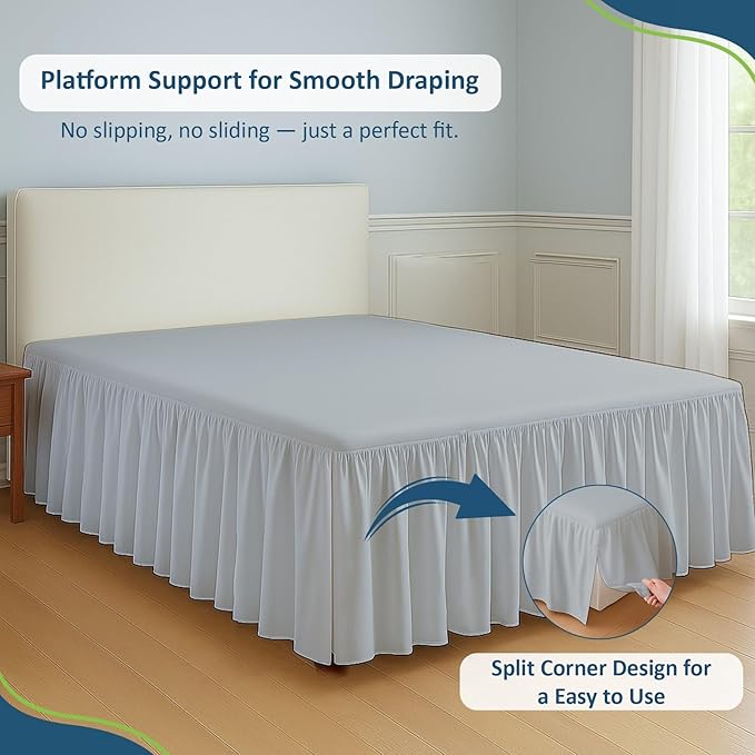 Rajlinen Ruffled Bed Skirt California King, 16 Inch Drop Dust Ruffle with Split Corners, 100% Microfiber Bedskirt with Platform, Three-Sided Coverage Ruffled Gathering Design, Light Grey