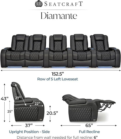 Seatcraft Diamante Zero-Gravity CoolZero Italian Leather Home Theater Seating, Power Headrest, Power Recline, Row of 5 Left Loveseat, Black