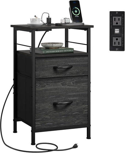 WLIVE Nightstand with Charging Station, Side Table with 2 Fabric Drawers, End Tables for Bedroom, Small Dresser, USB Ports and Outlets, Charcoal Black