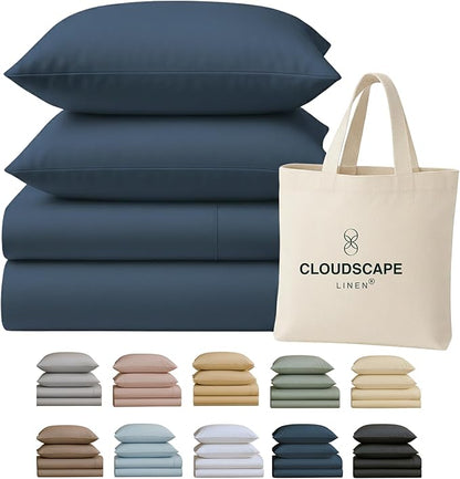 Cloud Scape Linen 100% Egyptian Cotton Sheets for Queen Size Bed, 400 Thread Count, 4 Pieces Bedding Set, Hotel Quality, Silky Soft, Deep Pockets up to 17”, Dark Denim
