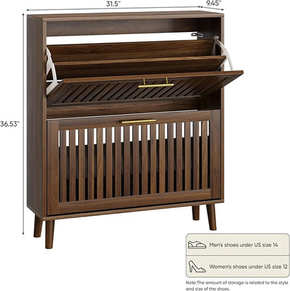 Shoe Storage Cabinet with 2 Flip Slatted Drawers, Narrow Wood Shoe Cabinet with Gold Handle, Hidden Entryway Shoe Organizer for Hallway, Foyer, Walnut