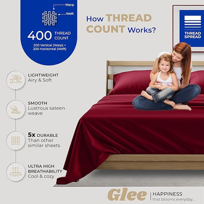 THREAD SPREAD Split King Sheets Sets for Adjustable Bed - 400 Thread Count 5 PC Split Sheet Set, Cooling Cotton Sheets, 2 Twin-XL Fitted Sheets, 16" Deep Pocket Split King Bed Sheet (Burgundy)