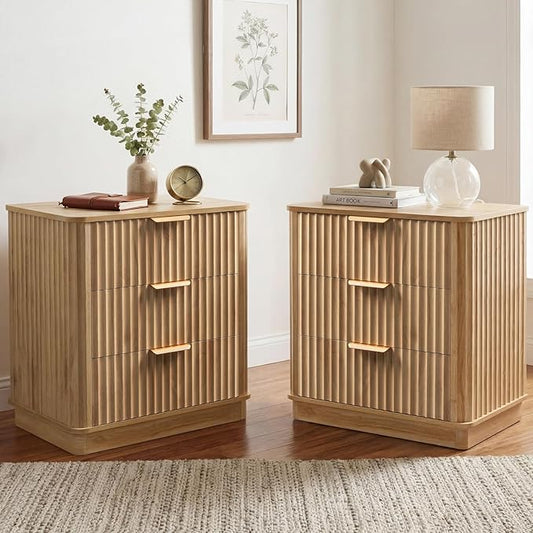 LYNCOHOME Fluted Night Stand Set of 2, Large 3 Drawer Nightand, Wood Bedside Table, Multifunctional Bed Side Table & End Table, Dresser for Bedroom, Living Room Closet, Natural