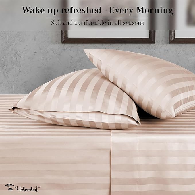 URBANHUT 800 Thread Count 100% Cotton Damask Queen Size Sheets, 4 Piece Striped Queen Size Bedsheets, Luxury Hotel Sheets Sateen Weave - Better Than Egyptian, 16" Elasticized Deep Pocket- Blush Pink