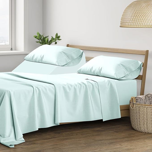 THREAD SPREAD 100% Cotton Sheets - 400 Thread Count 5 Piece Hotel Quality Sheet for Adjustable Bed, Soft, Cooling 16" Deep Pocket Split King Bed Sheet (Sea Foam)