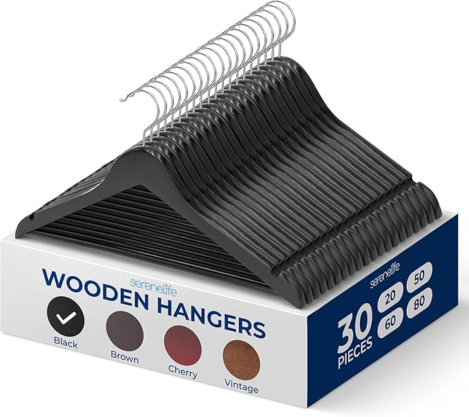 SereneLife 30 Pack Black Wooden Hangers Heavy Duty Non Slip Clothes Hanger Set with 360° Swivel Chrome Hook Notches and Pants Bar 10 lb Capacity Closet Organizers for Shirts Suits Coats Dresses