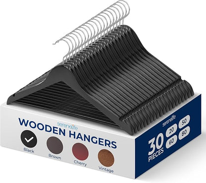 SereneLife 30 Pack Black Wooden Hangers Heavy Duty Non Slip Clothes Hanger Set with 360° Swivel Chrome Hook Notches and Pants Bar 10 lb Capacity Closet Organizers for Shirts Suits Coats Dresses